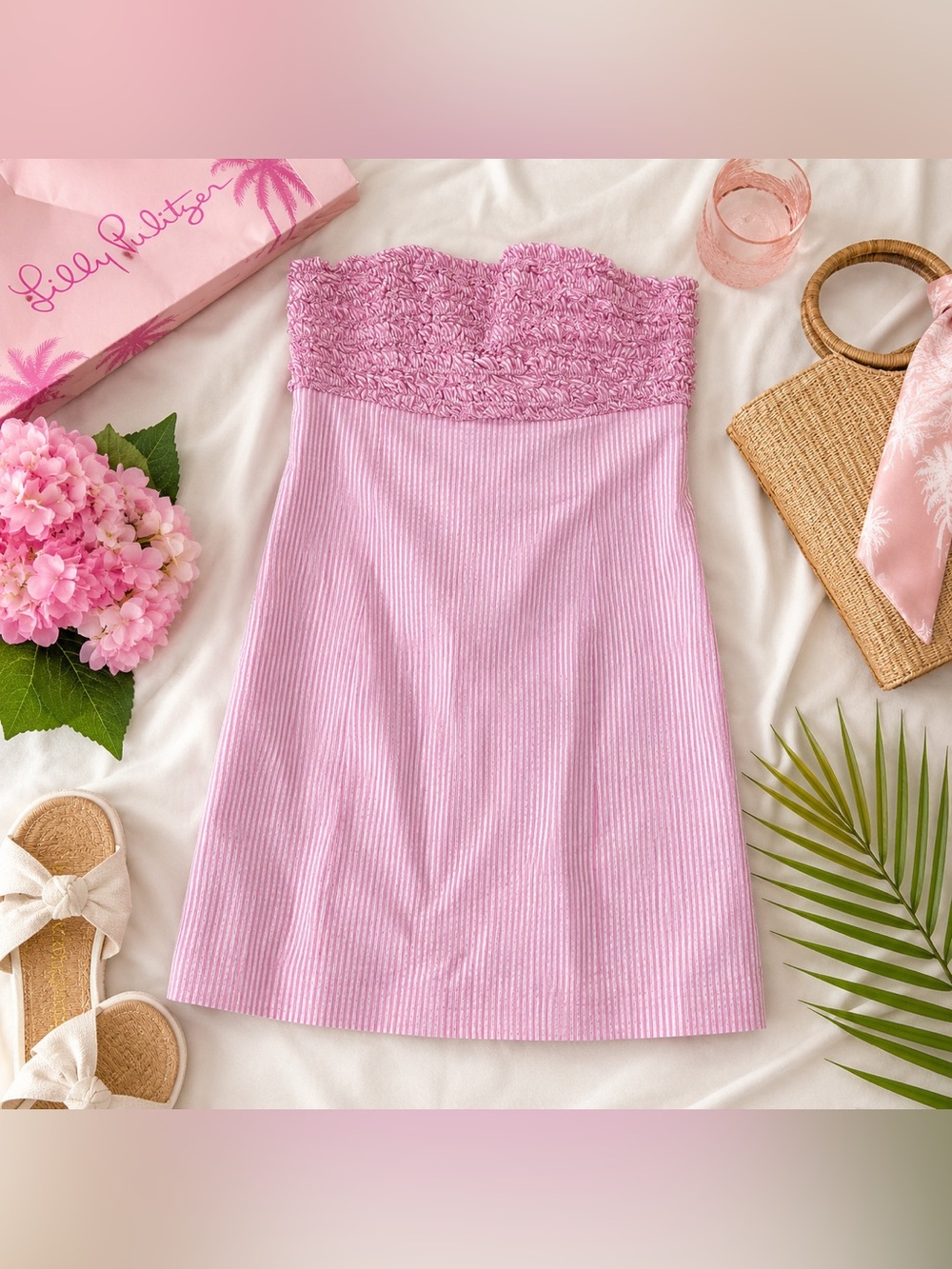 Lilly Pulitzer Pink Seersucker Strapless Smocked Bow Back Dress Size 8
